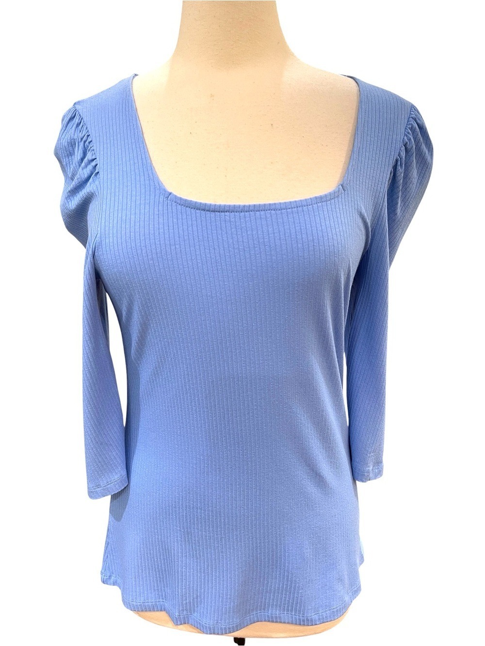 New Bobeau Ribbed Square Neck 3/4 Sleeve Top SZ L  Blue